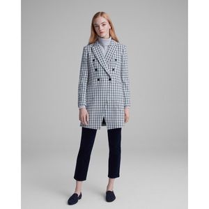 Club Monaco Heleni plaid check coat in blue and ivory.